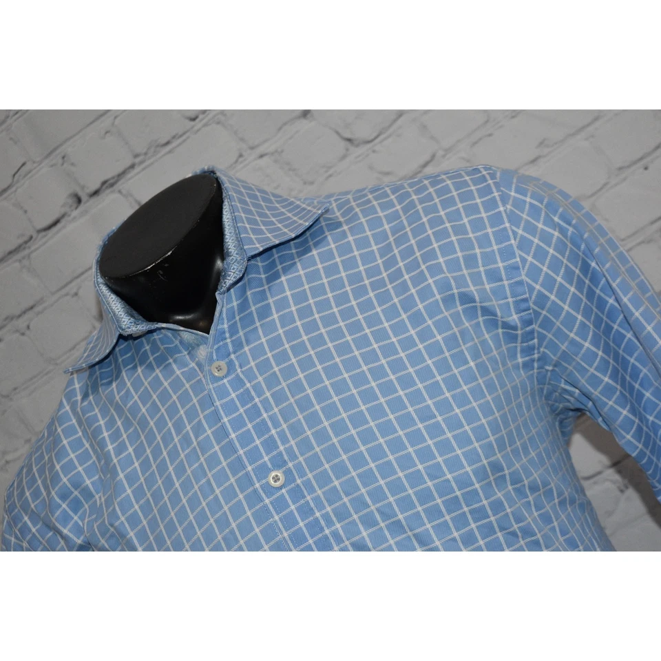 English Laundry Dress Shirt Mens Size Large Blue Plaid Geometric Flip Cuffs  - Image 3 of 4