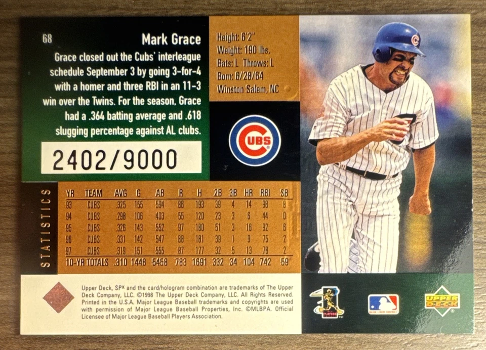 Mark Grace 1998 SPX  #68 Serial #’d 2402/9000 - Image 2 of 3