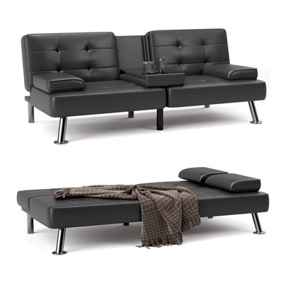 Futon Sofa Bed Convertible Folding Faux Leather Couch with 2 Cup Holders,Black