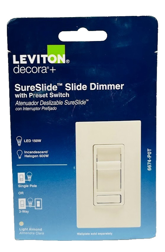 Leviton SureSlide Dimmer Switch 6674-P0T (Light Almond, Single-Pole/3-Way)