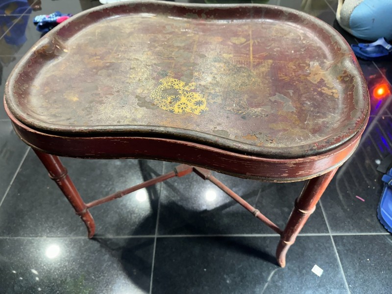 Antique Chinese Kidney Table Metal Painted Top with Wood Legs Original