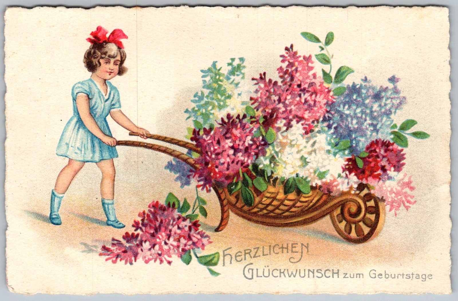Antique Postcard Girl Wheelbarrow Lilacs Flowers DE 1910s