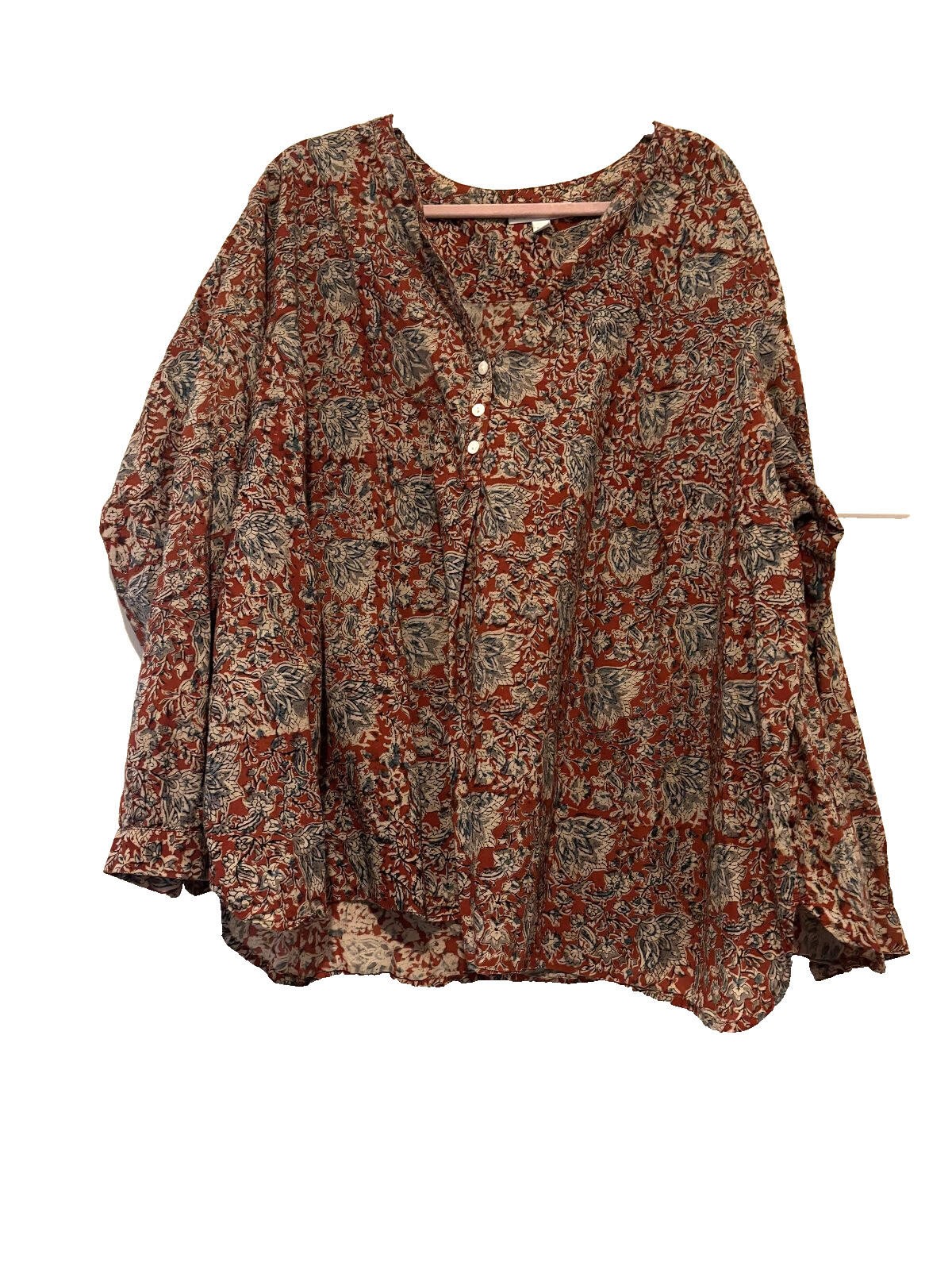 J Jill 4X organic cotton V neck boho burnt orange floral blouse B
