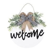 Welcome Sign for Front Door Round Wood Sign Hanging for Farmhouse porch White