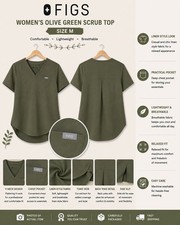 FIGS Women's Olive Green V-Neck Tunic Scrub Top with Chest Pocket Size M