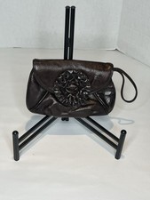 Loeffler Randall Brown Leather Clutch Bag Ruffle Rosette Evening Purse