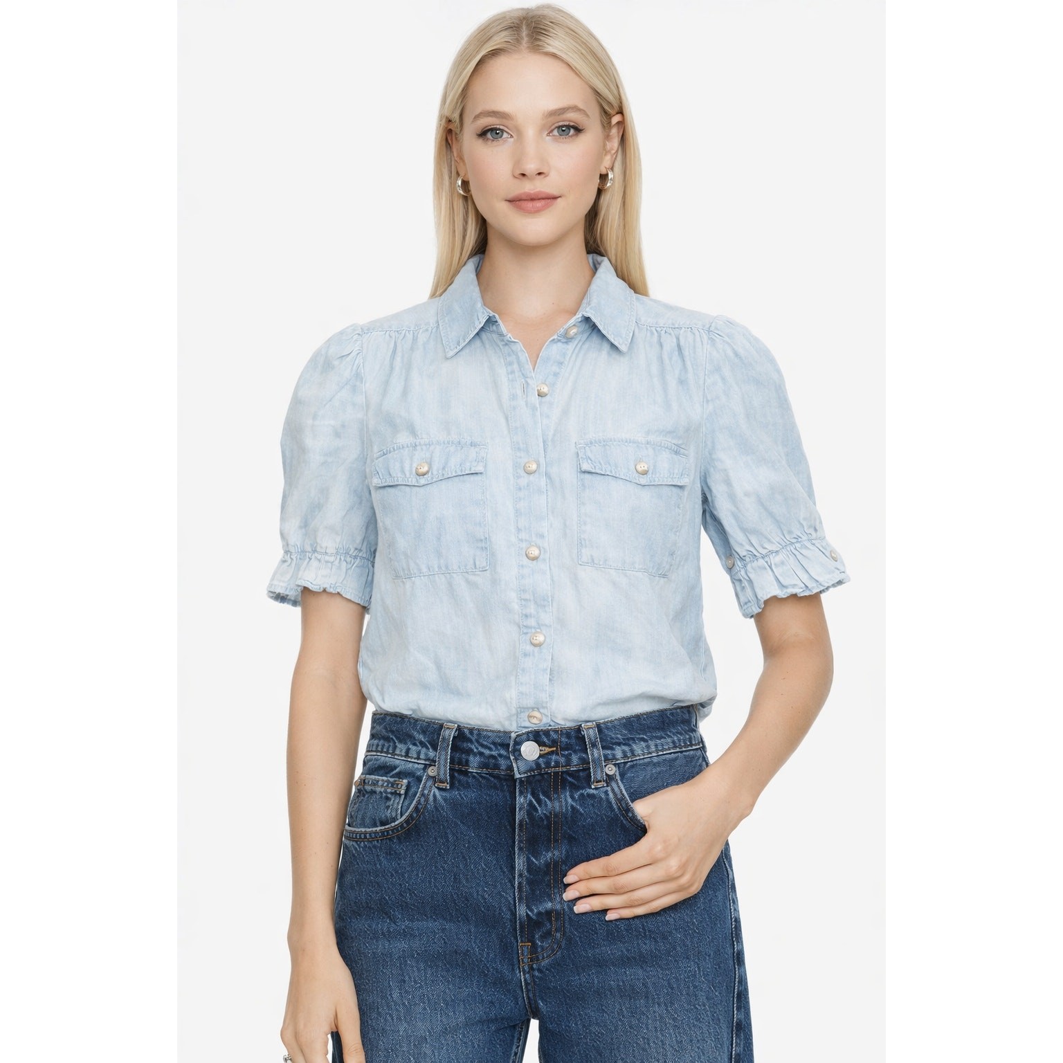 Generation Love Chambray Button Front Puff Sleeve… - image 1