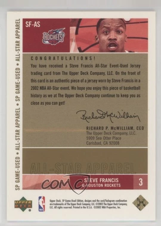 2002-03 SP Game Used Edition All-Star Apparel Gold 54/100 Steve Francis #SF-AS - Image 2 of 3
