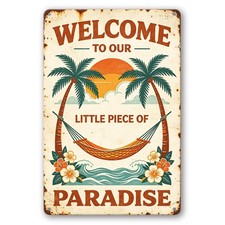 Coastal Beach Metal Sign, Welcome to Our Paradise Quote Vintage Aluminum Wall...