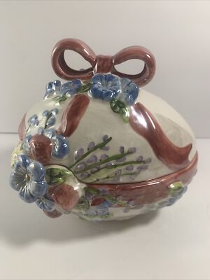 Vintage Lg Lusterware Floral Ceramic Egg Trinket Dish~Candy Chocolate~Easter~6 