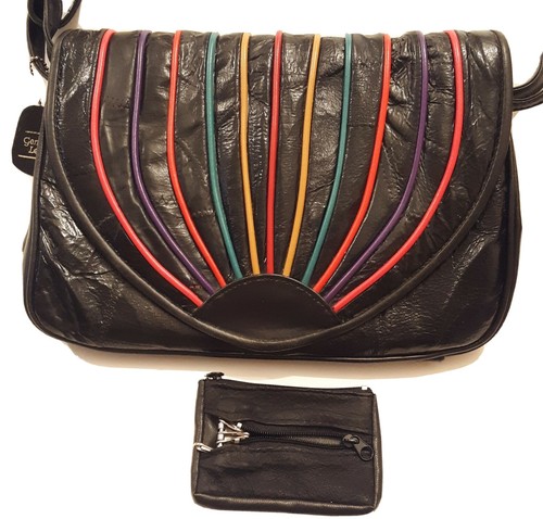 Vintage 1980's Black leather patchwork Handbag cocktail purse colorful piping