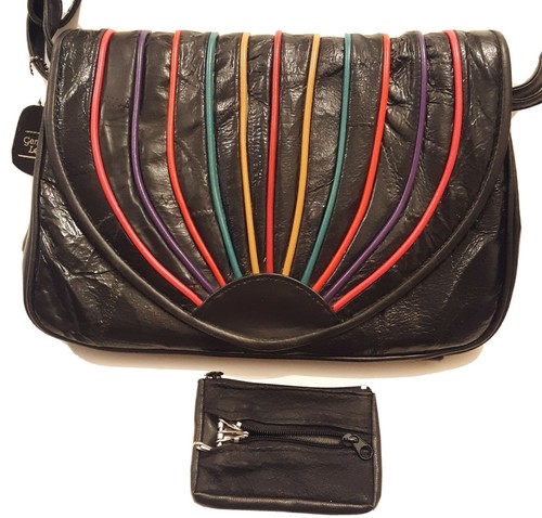 Vintage 1980's Black leather patchwork Handbag cocktail purse colorful piping - Picture 1 of 12