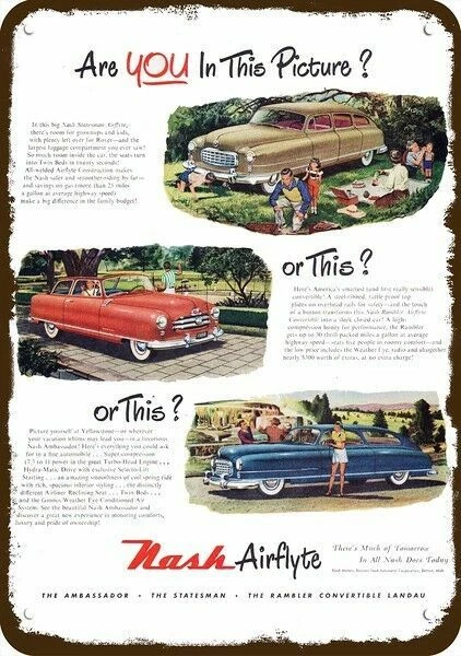 1950 NASH RAMBLER LANDAU AMBASSADOR Car Vintg-Look DECORATIVE REPLICA METAL SIGN - Image 1 of 1