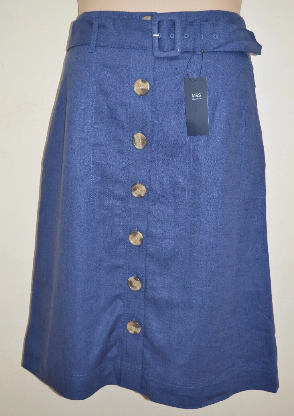 New M&S Collection Blue Linen Button Front Belted Skirt UK 12 14