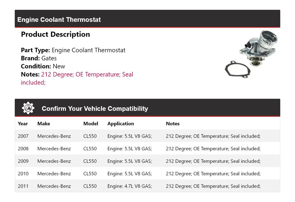 适用于 2007 - 2011 梅赛德斯-奔驰 CL550 发动机冷却液恒温器门 2008 2009 2010 — 第 2/4 张图片