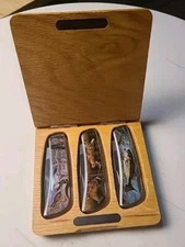 Collectible Outdoor Nature Scene Pocket Knife Set For Display. With Wooden Case.
