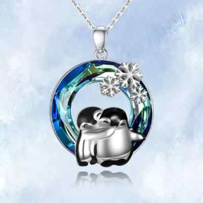 Two Penguins and Snowflakes Round Pendant Necklace