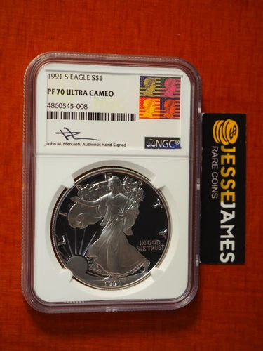 1991 S PROOF SILVER EAGLE NGC PF70 ULTRA CAMEO JOHN MERCANTI SIGNED REAGAN LABEL