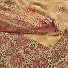 Sanskriti Vintage Saree Beige Pure Crepe Silk Floral Printed Sari 5.5 Yd Fabric