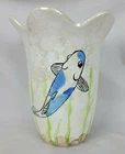 Coy Koi Fish Textured Hand Painted Vase 8" Tall Blue Fish Green Grass Bubbles