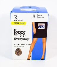 L'eggs 3 Pair Everyday Control Top NUDE Sheer Toe Pantyhose Size Q 43751