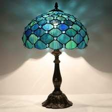 Tiffany Lamp Stained Glass Table Lamp Bedside Reading Light W12H19 Inches (Sea B