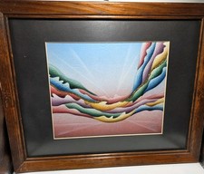 Vintage Kingston Original Framed Abstract Painting Gold Glitter Details 1980s