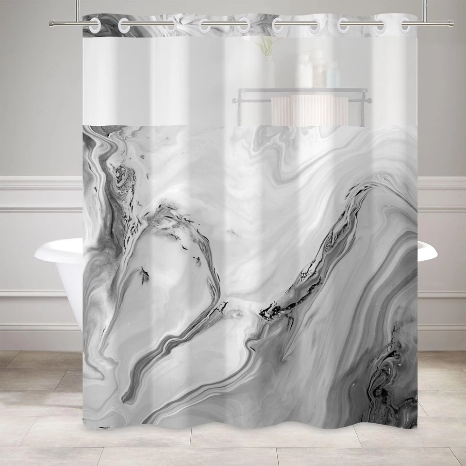 Cortina de ducha de mármol gris sin gancho con forro a presión, lujo moderno 71x74 Foto 4 de 4