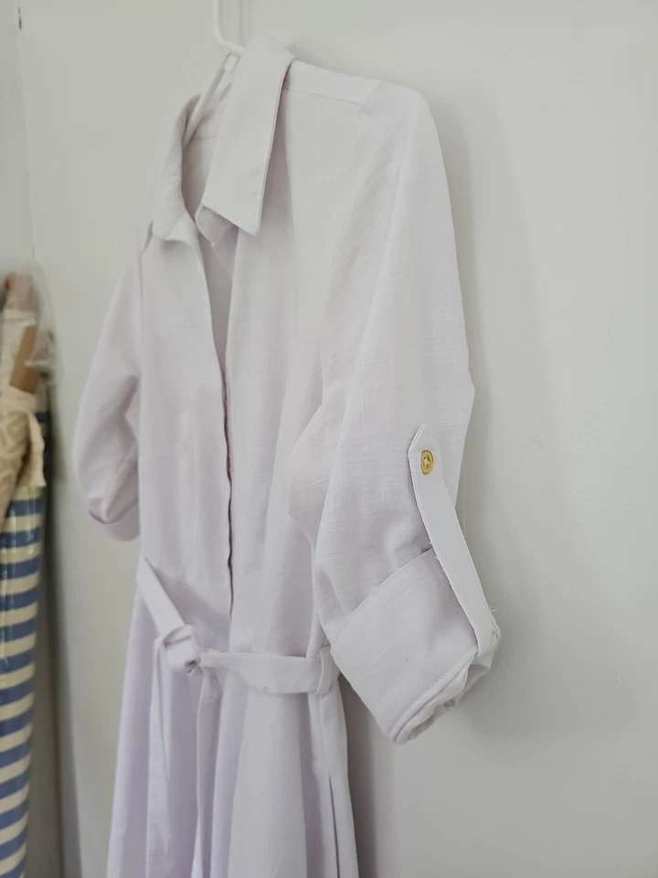 Sharagano White Button Shirt Dress Petite 8P Collar Roll-tab Sleeve Tie Belt - Image 3 of 4