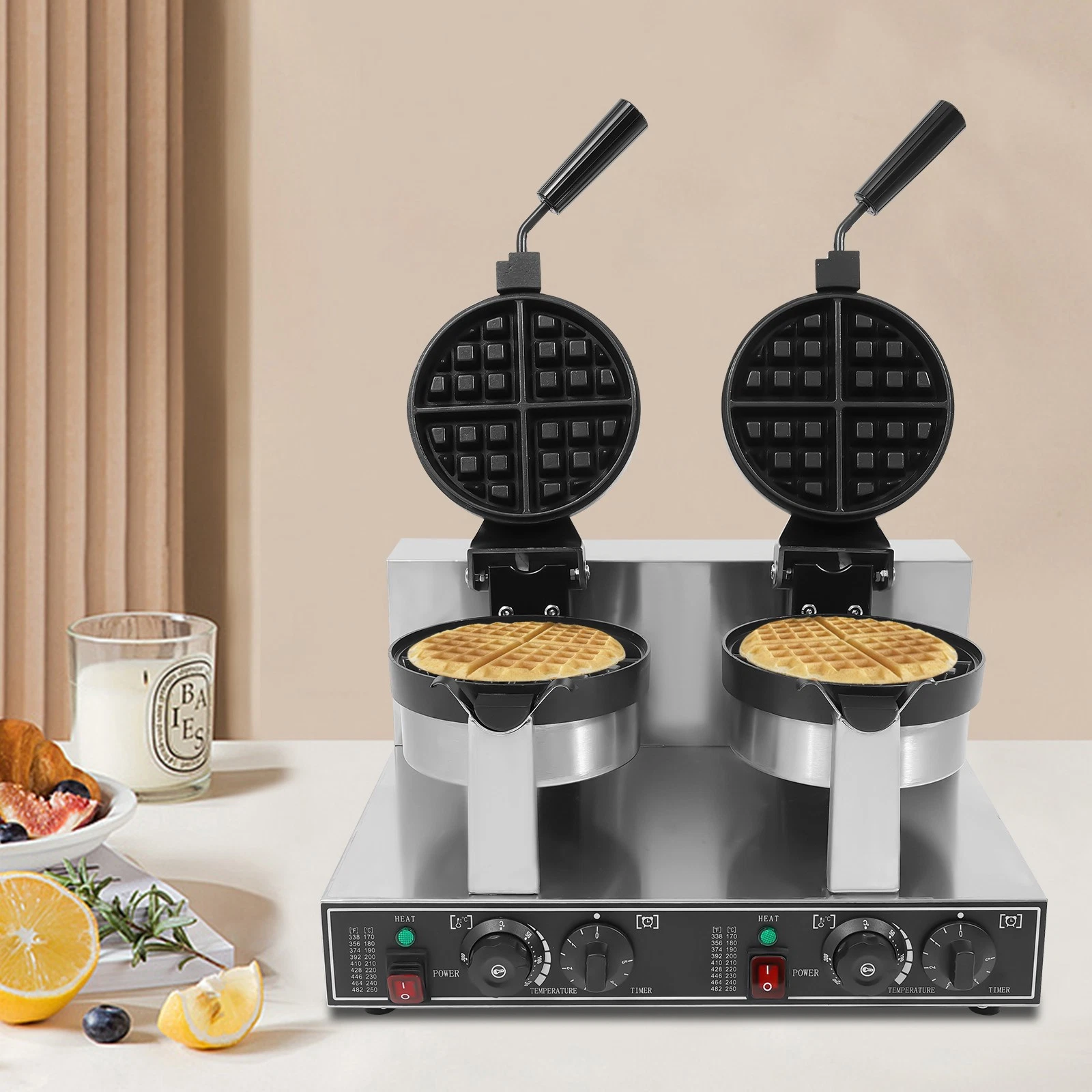 2400W Dual Head Non-Stick Breakfast Round Belgian Waffle Maker Commercial