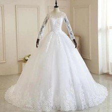 Long Sleeves Ball Gown WeddingDresses Lace Applique Tulle BridalGown Custom Size