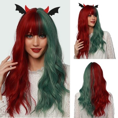 Oufei Long Wavy Half Red Half Green Wigs Bangs For Women Natural Synthetic Hair