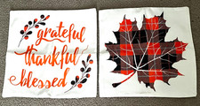   SET 2 FALL PILLOW COVERS 17.5"  GRATEFUL THANKFUL BLESSED  PLAID MAPLE LEAF