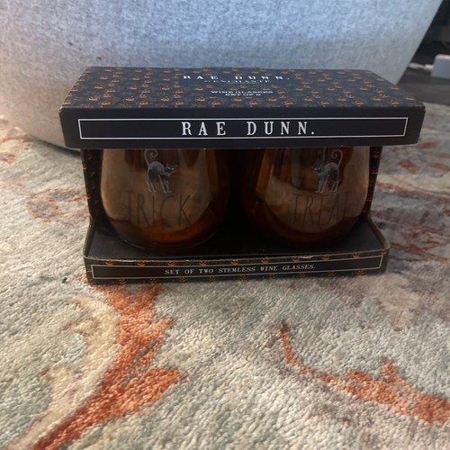Rae Dunn Halloween Stemless Wine Glasses Trick Treat Enchante Orange Black Cat