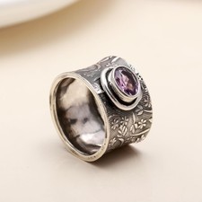 925 Sterling Silver Oval Amethyst Wide Band Ring Gift for Women
