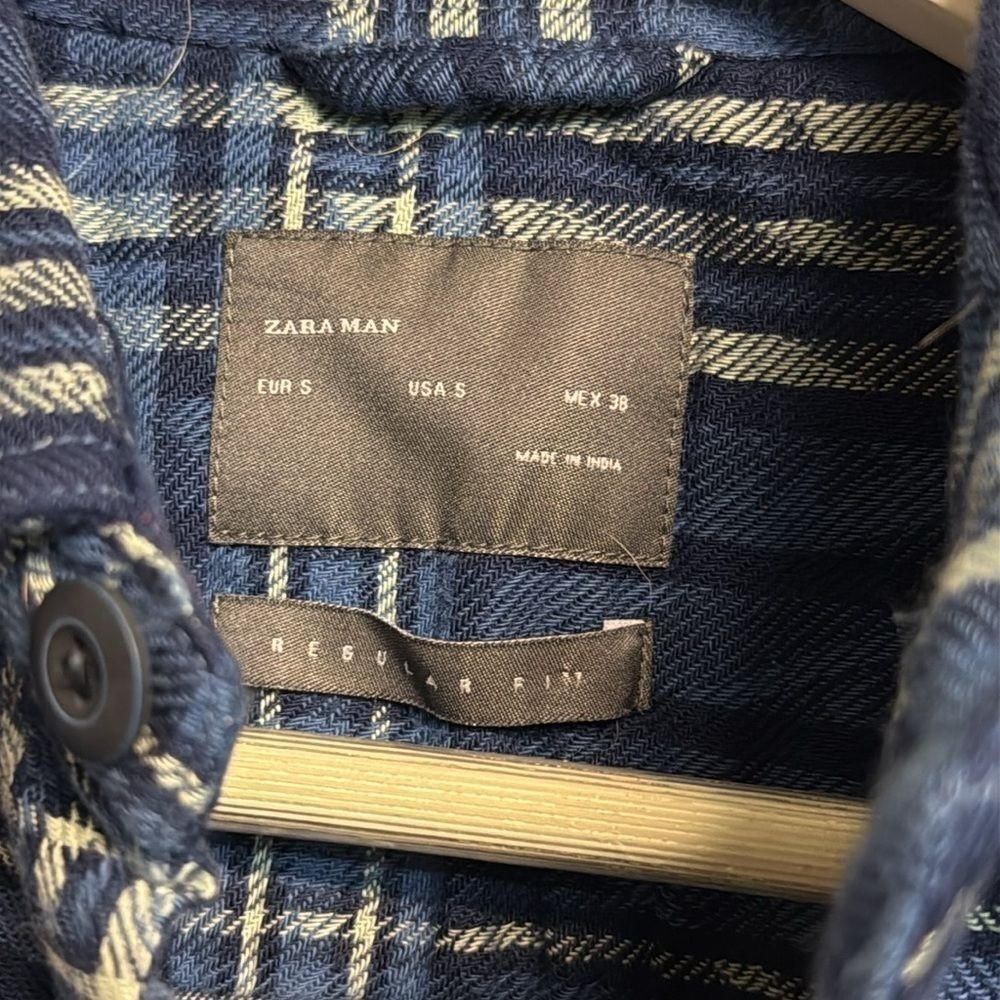 ZARA MAN 1975 Navy Blue Mens Plaid Denim Flannel Button Down Long Sleeve Shirt thumbnail 9