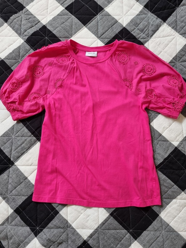 Sussan Raglan Broderie Sleeves T-shirt Size XXS Pink Round Neck VGC