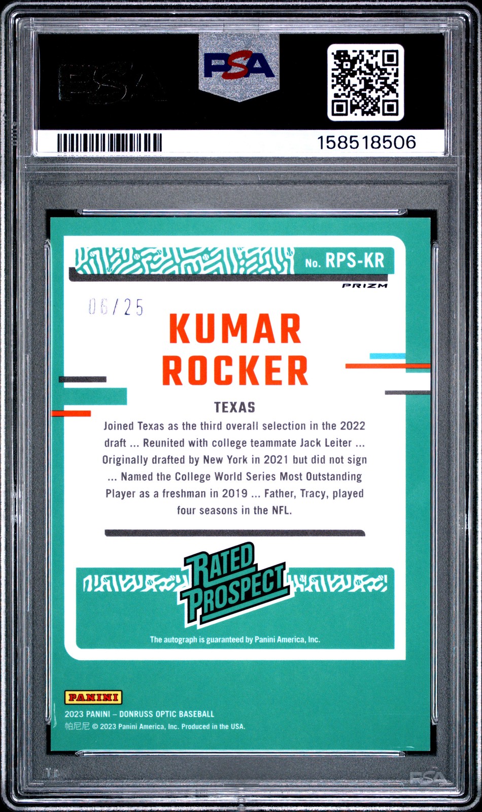 2023 PANINI DONRUSS OPTIC RATED PROSPECT SIGNATURES KUMAR ROCKER 6/25 PSA 8 AUTO view 2