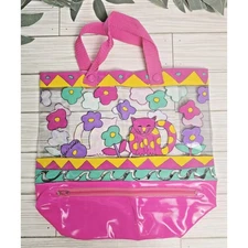 Vintage Applause Viva La Wombat Neon Pink Vinyl Cat Tote Bag w/ Bottom Zipper