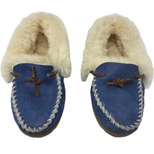 LL Bean Women Wicked Good Moc Slippers Sz 5M Blue Leather Shearling Fur Comfort