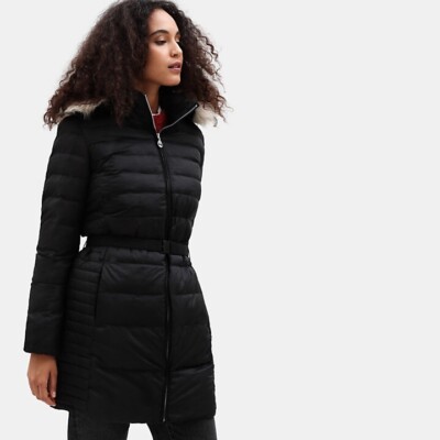 Womens Timberland long quilted down jacket coat black faux fur trim belted  10 UK
