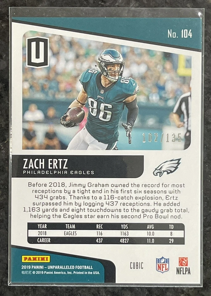 2019 Panini Unparalleled Cubic Refractor Prizm Zach Ertz #’d /135 - Image 2 of 3