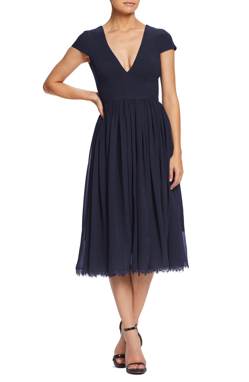 NEW DRESS THE POPULATION Corey Chiffon Fit u0026 Flare Cocktail DRESS $198 Sz L  NAVY | eBay