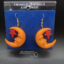 Vtg Dept 56 Crescent Man In The Moon & Star Celestial Pierced Earrings Dangle
