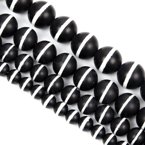 6/8/10/12/14 mm Natural Esmerilado Blanco Una Raya Negro Ágata Ónix Cuentas Redondas 15"" - Imagen 2 de 9