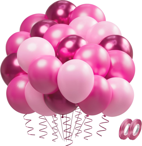 Pink Balloons 100Pcs 12Inch Metallic Pink Balloon, Hot Pink Latex Balloons Baby