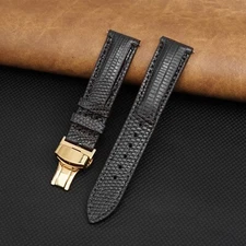 18mm Black Padded Lizard Leather Watch Band Quick Release Gold Deployment Buckle