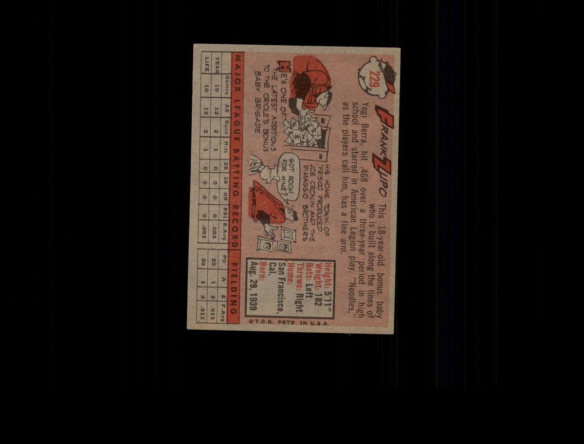 1958 Topps 229 Frank Zupo RC EX-MT #D1,346979 | eBay