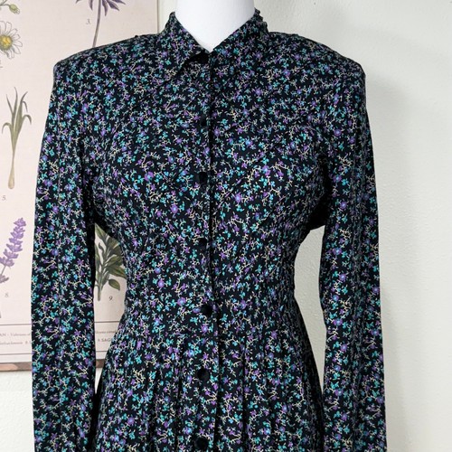 Vintage 80s 90s Floral Long Sleeve Maxi Dress Cottage Prairie Whimsigoth 8P M - Picture 2 of 7