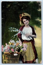 c1910's Pretty Woman With Flowers Basket Posted Antique Postcard
